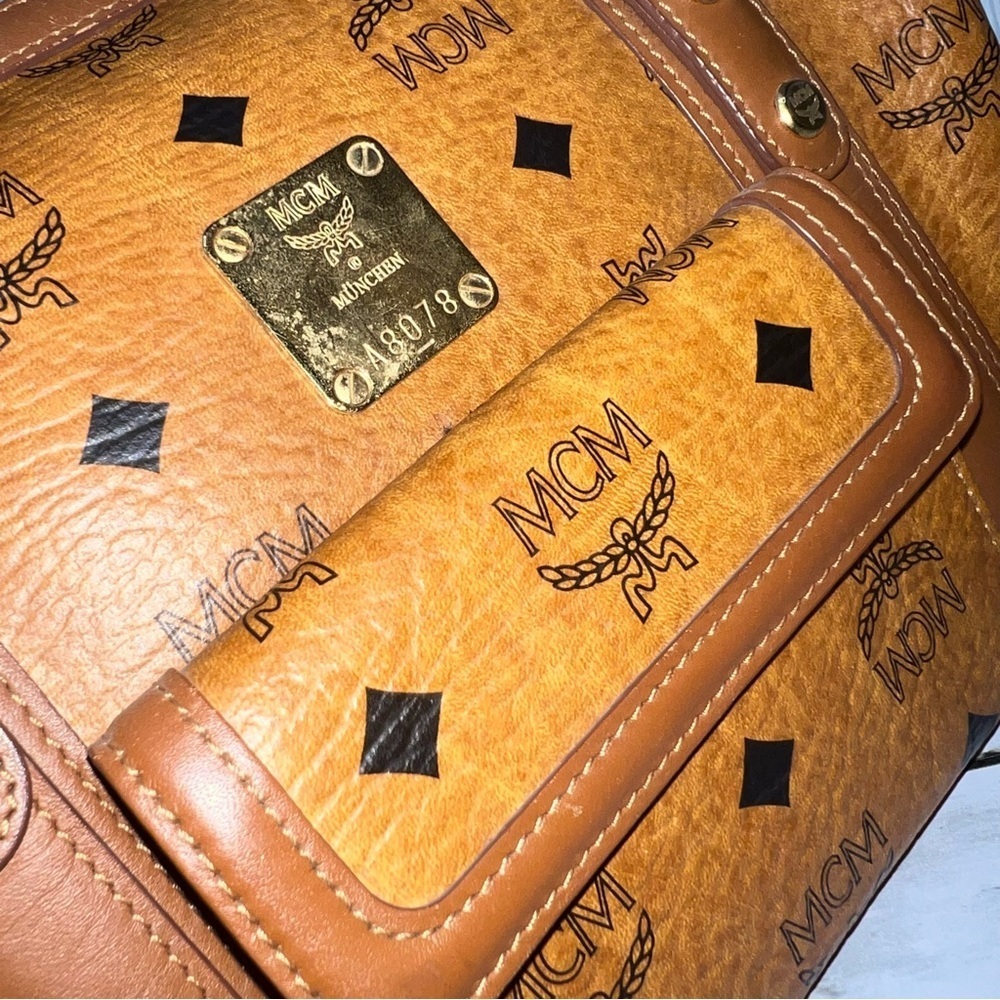 MCM Vintage Cognac Visetos Monogram Boston Satchel Bag with Gold Logo Plate - Picture 8 of 14